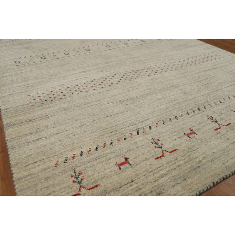 Hand Knotted Oriental 100% Wool Carpet Tribal Animal Pictorial Beige & Ivories Gabbeh Area Rug - 7' 9'' X 5' 1''