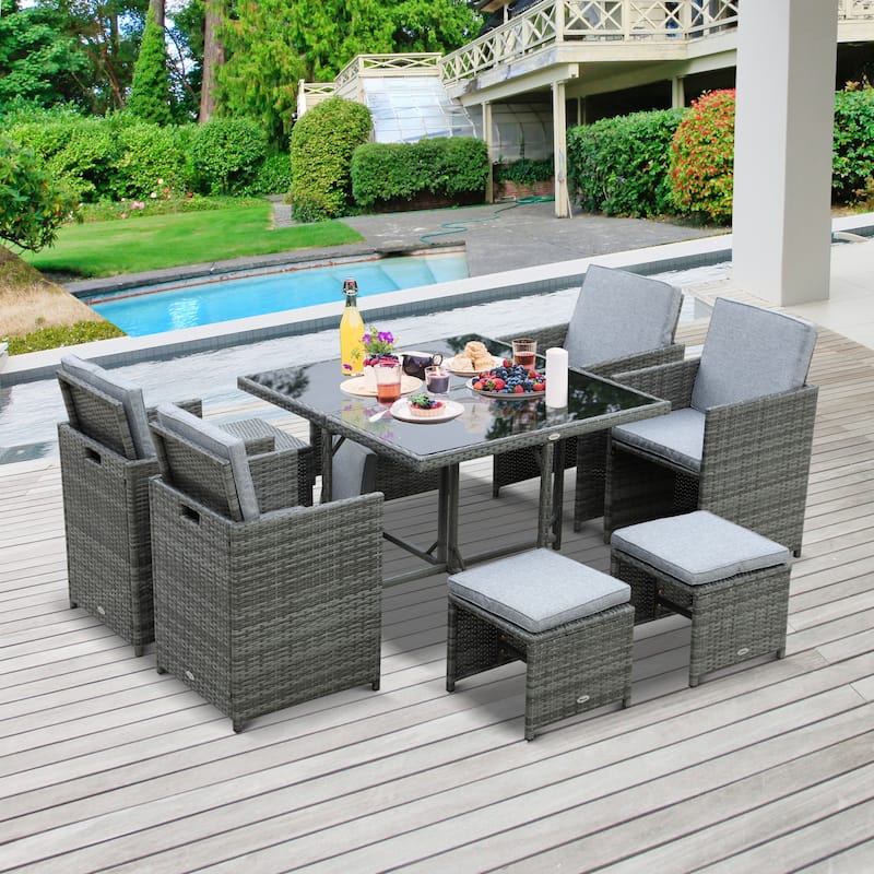 Outsunny 9 Piece Outdoor Rattan Wicker Dining Table and Chairs Furniture Set Space Saving Wicker Chairs w/ Cushions - Grey, Mixed Grey