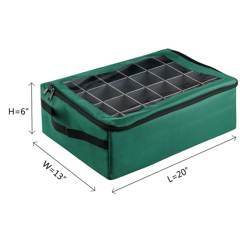 Ornament Storage Box - Zippered Organizer with 48 Individual Compartments and Dividers by Tiny Tim Totes (Green)