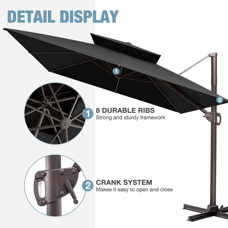 9 x 12 FT Outdoor Patio Double Top Rectangular Cantilever Umbrella with Wheel Base