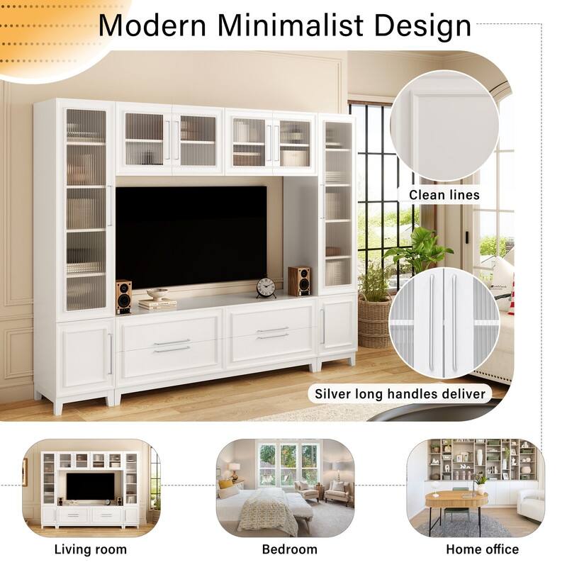 Modern 102" W Wall Unit Entertainment Center for TVs up to 75", Large Media TV Console with Glass Doors and Drawers