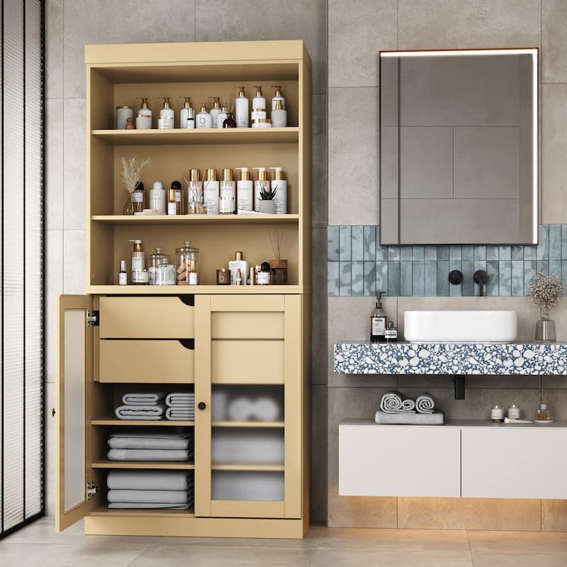 100% Solid Wood 32" Bathroom Cabinet with Optional Doors, 2-Drawers by Palace Imports - Yellow - 2 Frosted Glass Doors