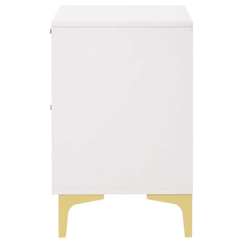White Modern Glam 2-Drawer Nightstand with Slim Gold Pulls and Retro Bracket Legs, Boxy Contemporary Frame