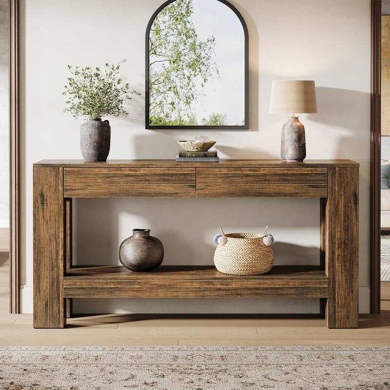 2-Tier Wooden Console Table with 2 Drawers for Entrance - /