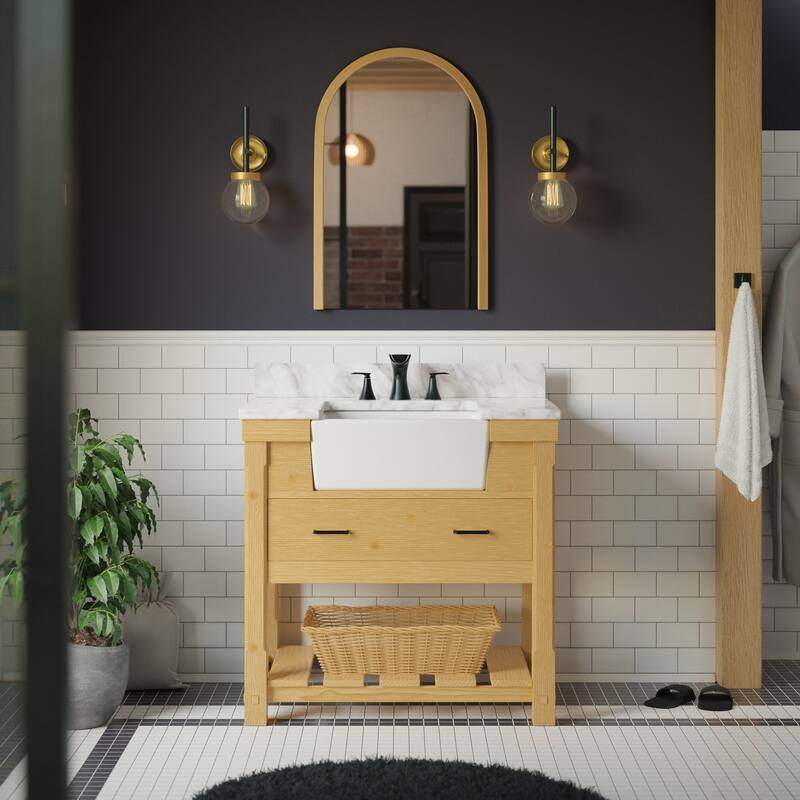 KitchenBathCollection Charlotte 36" Farmhouse Bathroom Vanity with Carrara Marble Top - Driftwood