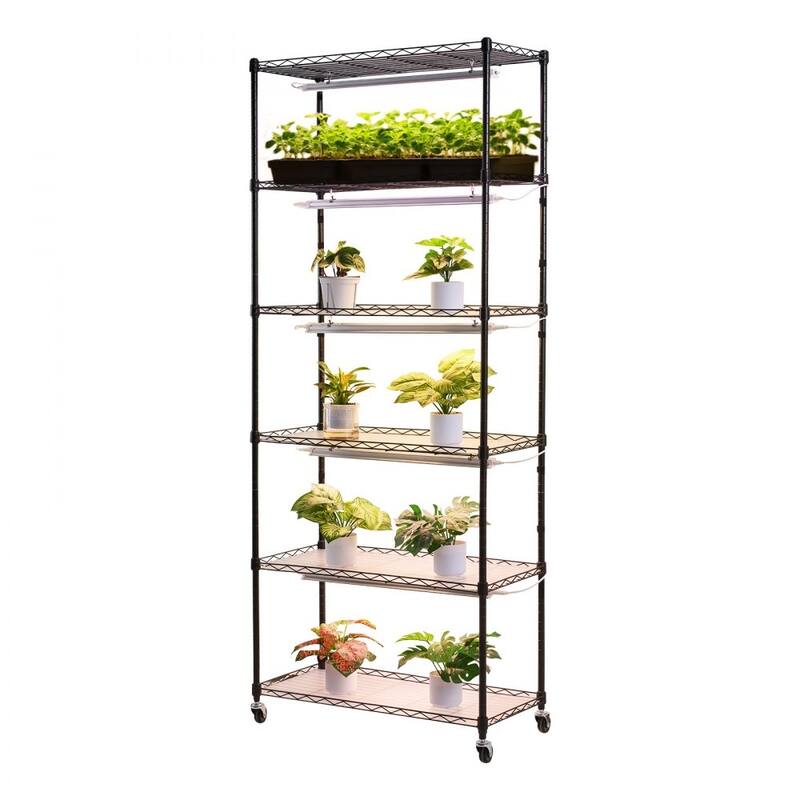 Black Metal 6-Tier Indoor Plant Stand with 5 3-Color LED Grow Lights and Timer - 29.53 x 13.78 x 70.87 in
