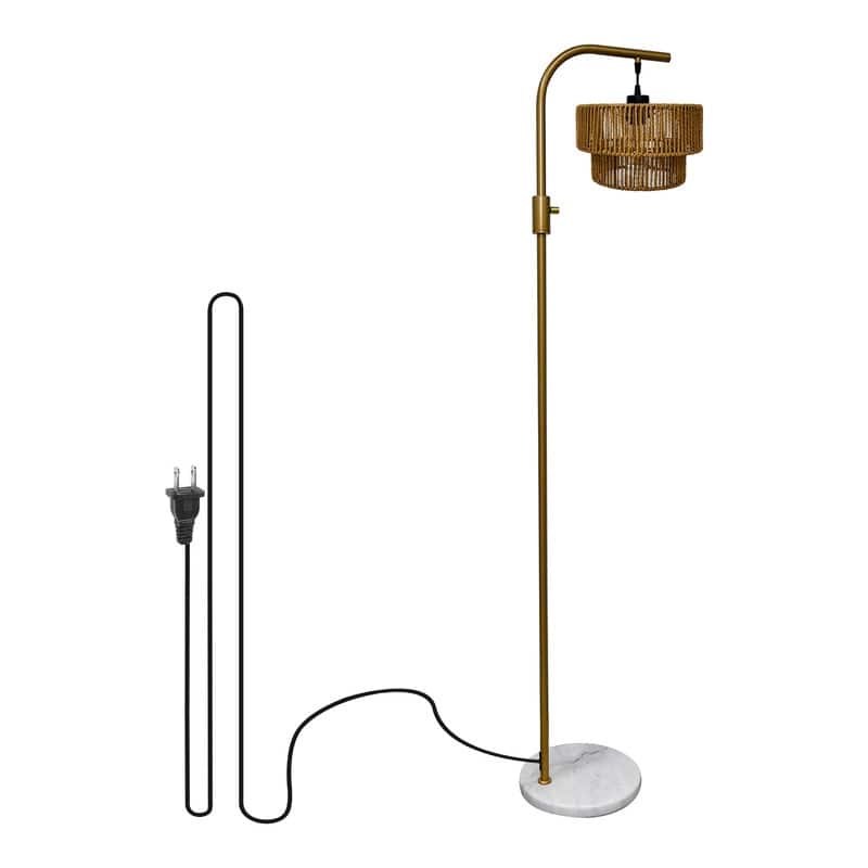 Elegant Boho Arc Floor Lamp Dimmable with Wicker Shade & Marble Base