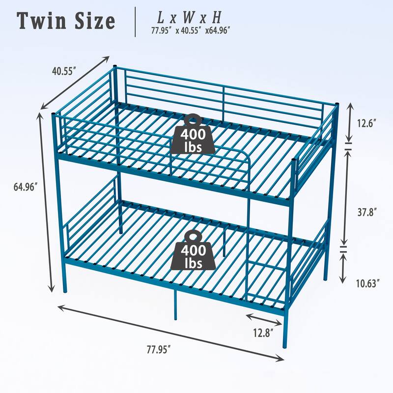 Twin Over Twin Metal Bunk Bed with Ladder and High Guardrails, Convertible to 2 Twin Beds, Noise-Free Design