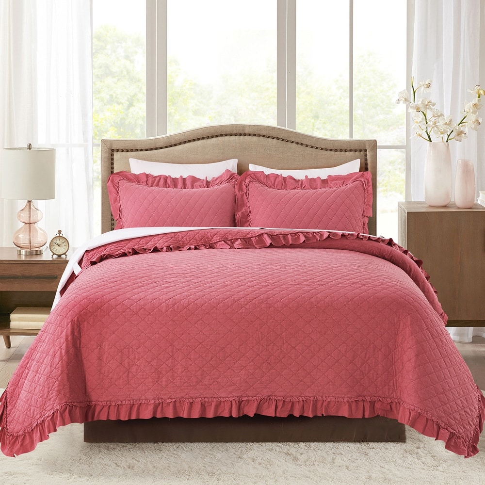 3 Piece Ruffle Quilt Set Lightweight Bedspreads Coverlet