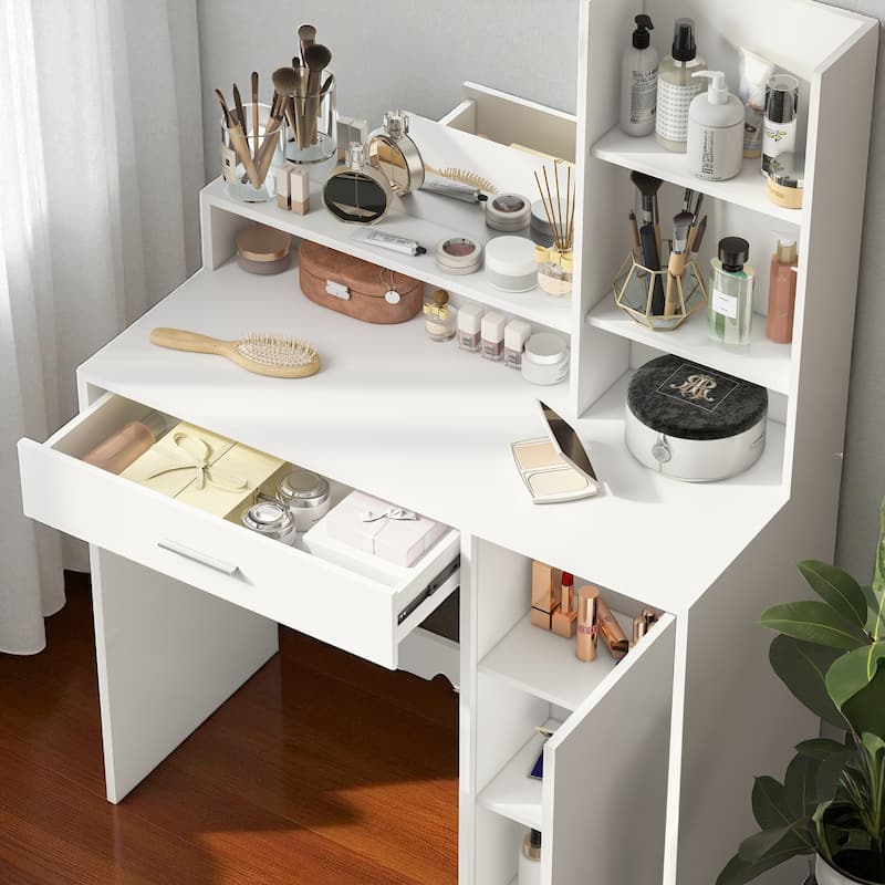 Makeup Vanity Table with Adjustable Lighting, Oversized Drawer, 3 Shelves and Cabinet Storage