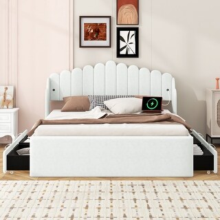 Full Platform Bed with Storage Shelves and Trundle, Space-Efficient White Design