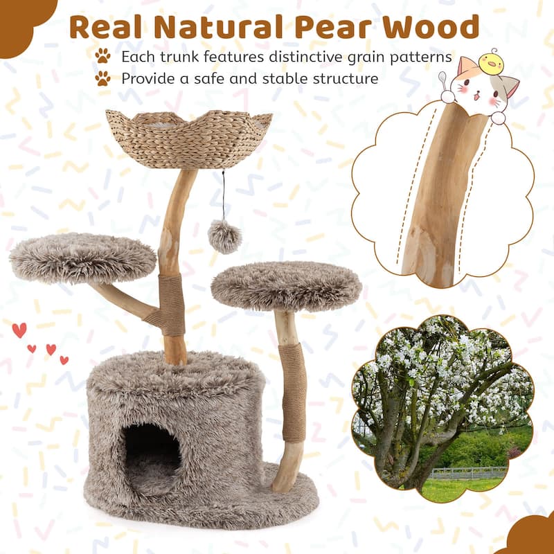 Costway Solid Wood Cat Tree with Well-woven Cattail Basket Luxury - as pic shows - See Details