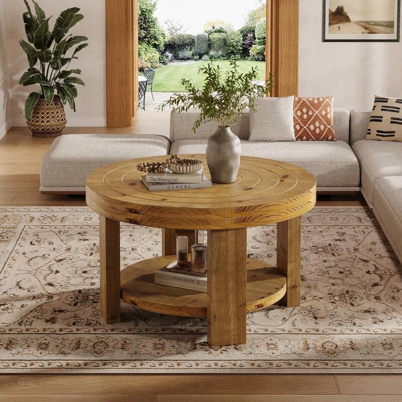 Solid Wood Round Coffee Table Entertainment Center Table for Living