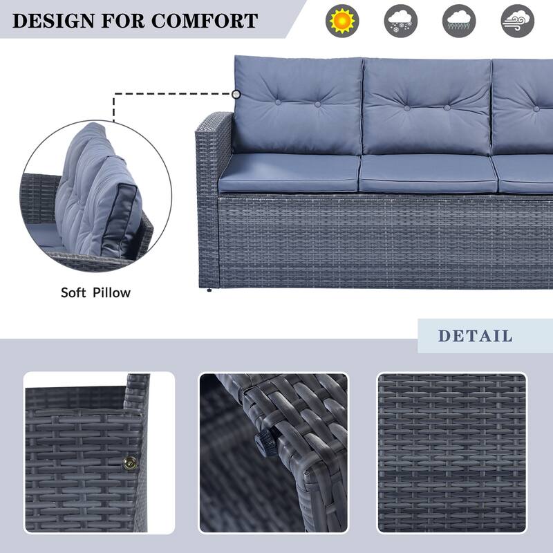 6-Piece Rattan Conversation Sofa Set with Table & Ottomans