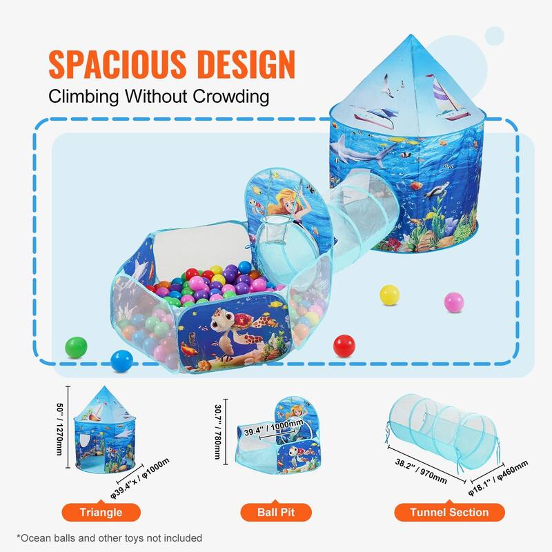 Multi Color Kids Tent Tunnel Set, 3 Piece Polyester Playhouse with Ball Pit - 39.4” L x 50” H