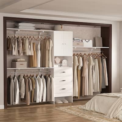 Rackcog 20.3'' - 120'' Large Closet Organizer with Doors, Closet System with Drawers and Hanging Rods (can be cut to fit)