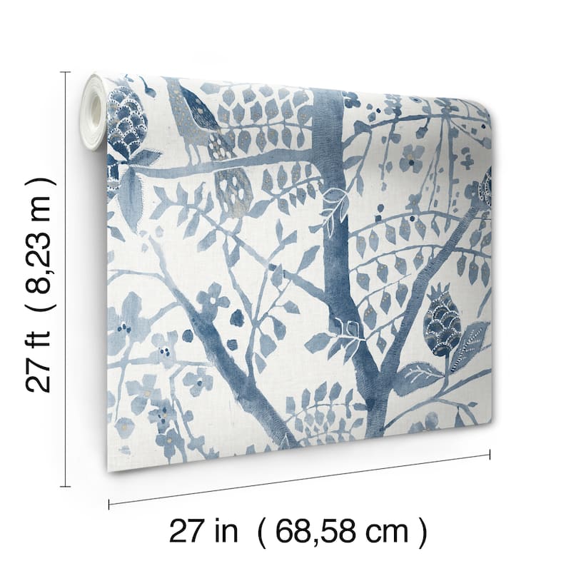 Edinburgh Blue Non-Woven Unpasted Bohemian Peacock Block Print Wallpaper Covers about 60.75 sq. ft.