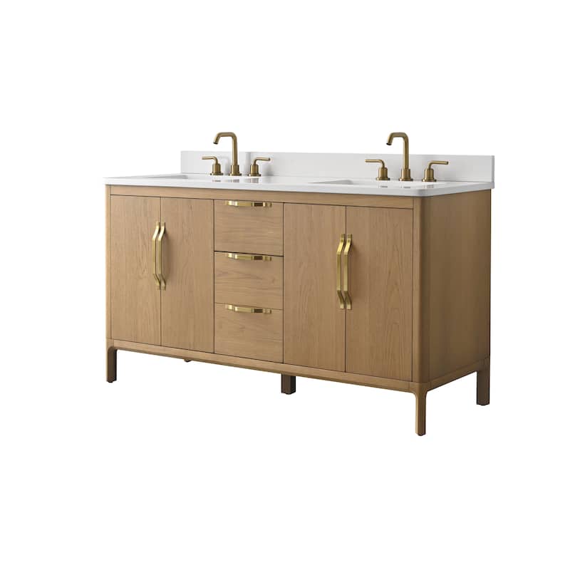 60" Freestanding Double-Sink Bathroom Vanity with Engineered Stone Top, Built-In Power Outlet, and Hair Dryer Storage