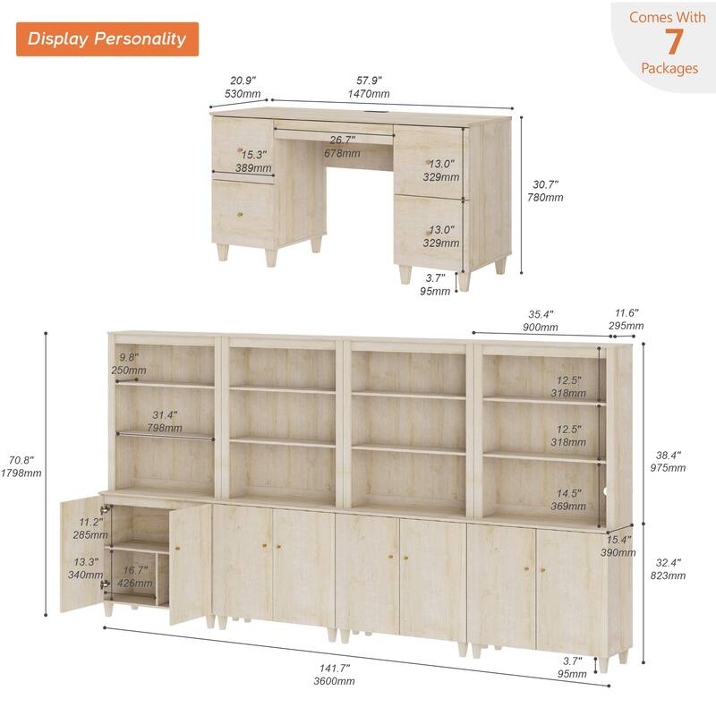 WAMPAT Home Office Furniture Set, 58" Executive Desk with Drawers, 4-Column 71" Tall Bookcase with Doors and Adjustable Shelves
