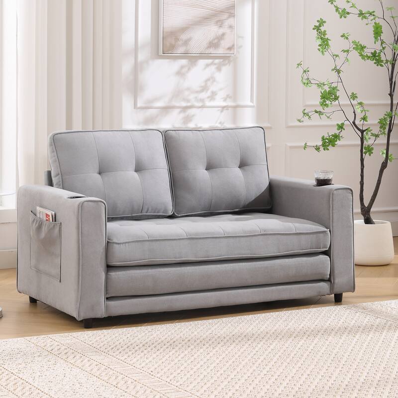 Upholstered Futon Sofa Convertible Sofa Bed Tufted Loveseat wFolding Mattress, Cup Holder & Pockets 2-seat Armchair