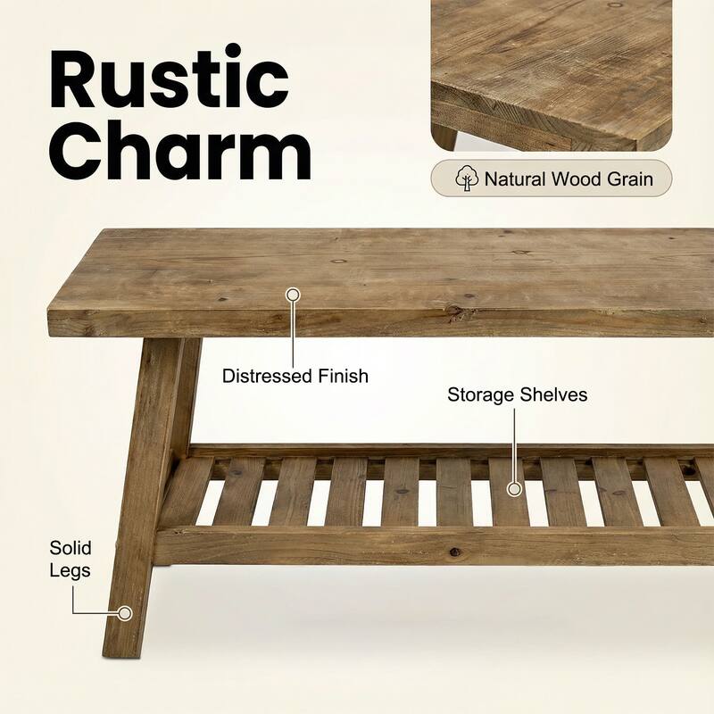 43" Farmhouse Wood Bench, 2-Tier Entryway Bench, Narrow Rustic Storage Bench with Open Storage Shelf for Entryway, Hallway