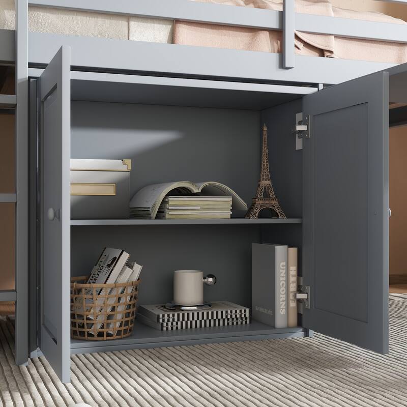 Twin Size Loft Wooden Platform Bed Frame with Storage Cabinet and Pull-Out Desk, Space-Saving Design for Kids Bedrooms