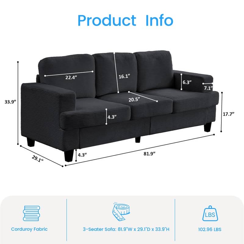Mixoy 82" Corduroy Sectional Sofa Couch,Cloud Sleeper Comfy Upholstered 3-Seater Sofa