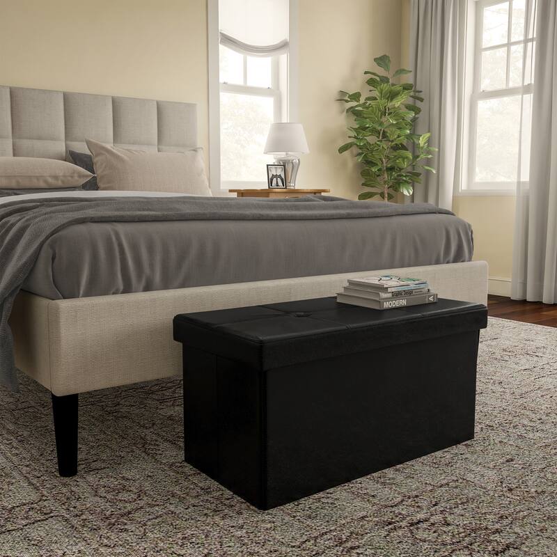 Large Foldable Storage Bench Ottoman- Tufted Faux Leather Cube Organizer Furniture by Lavish Home - 30 x 15 x 15
