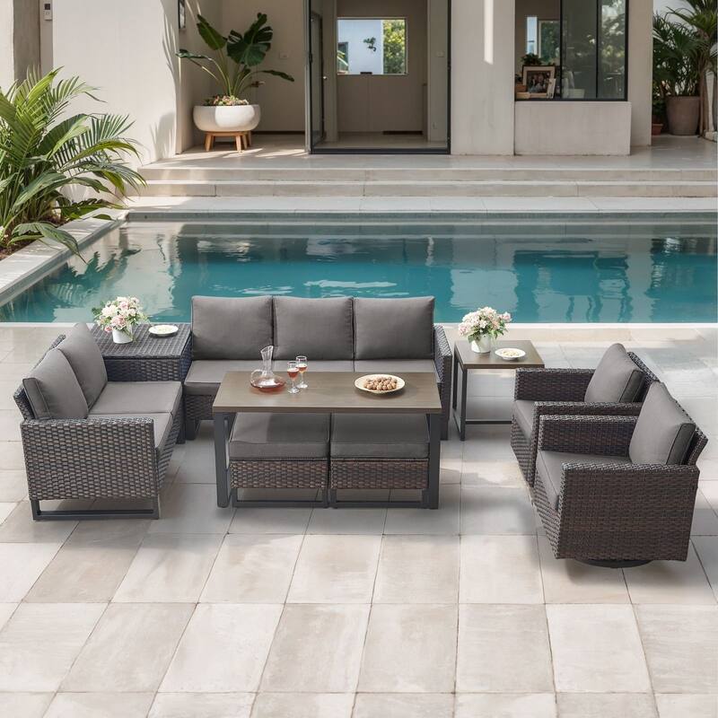 Gymojoy 7-9 Person All-Weather Wicker Outdoor Conversation Set Seating Group With Swivel Chairs And Coffee Table - Brown Wicker / Gray Cusion - 9-Piece
