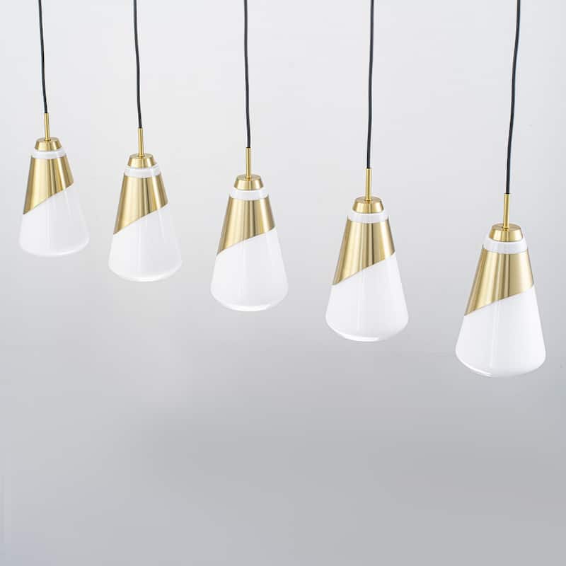 5-Light Gold Pendant Light with White Opal Glass Cone Shades - W 45.43-in