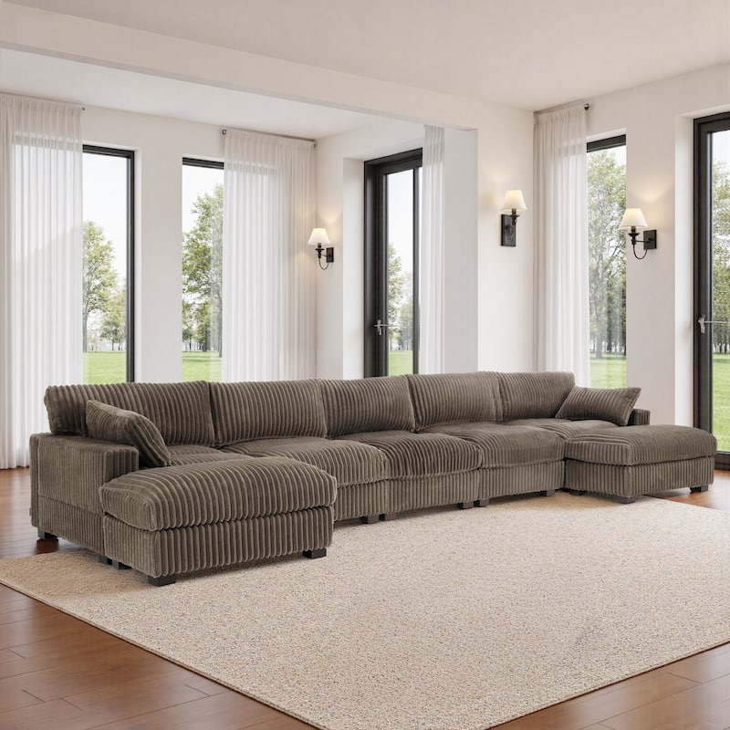 Plush Cotton Flannel Modular Sectional Sofa with 2 Ottomans - Light Brown
