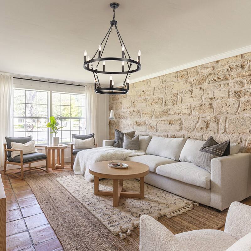 12-Light Large Chandelier Rustic Farmhouse Round 2-Tier Metal Wagon Wheel Chandelier Lighting for Living Room
