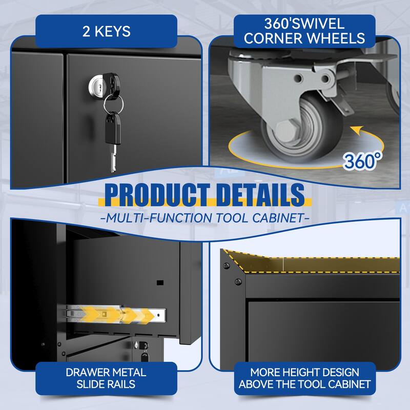 2 Door + 1 Drawer Tool Cabinets for Garage, Lockable Garage Storage Cabinet, with Wheels, Rolling Tool Chest