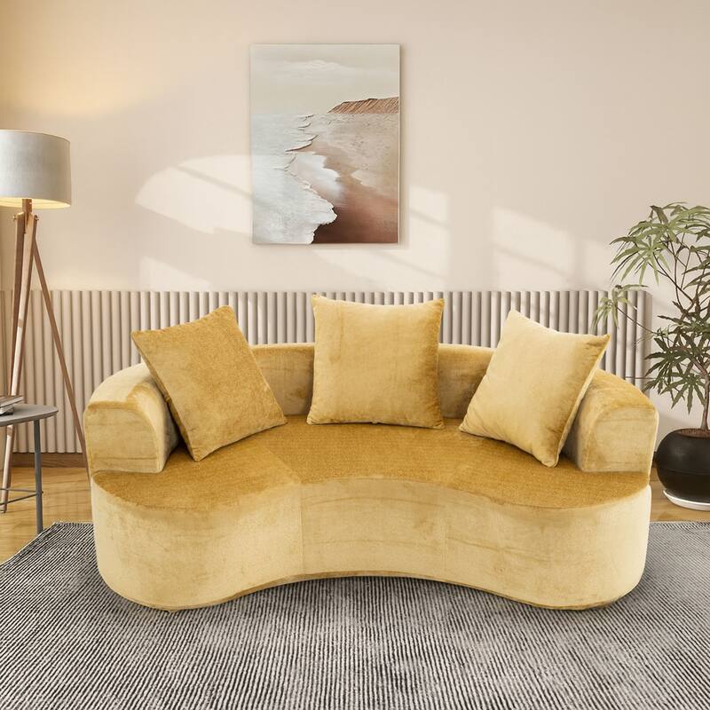 Modern Stylish 2-Seater Frame-Free Compressed Chenille Upholstered Loveseat Sofa with 3 Pillows - Yellow