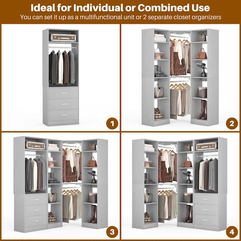 Kyrvo 63.2'' W Set of 2 Freestanding Corner Closet System with 3 Wood Drawers and 3 Hanging Rods for Walk-in/Reach-in Closet