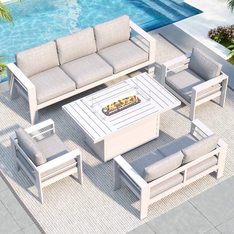 5 Pcs Patio Conversation Set with Propane Firepit - White
