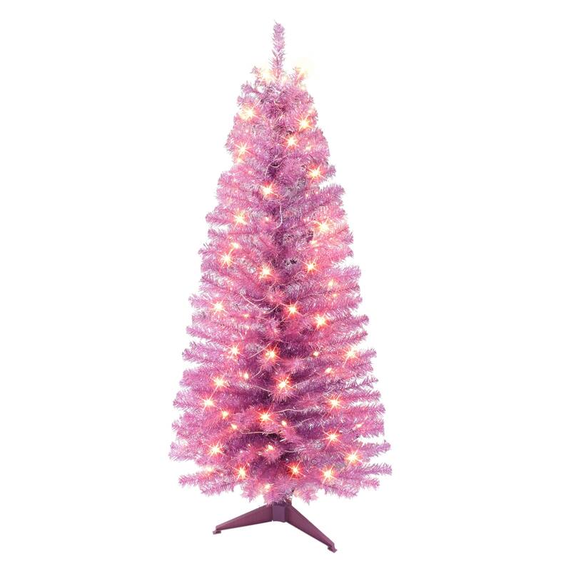4.5' Pre-lit Pink Tinsel Slim Artificial Christmas Tree, Clear Lights - 4.5 Foot