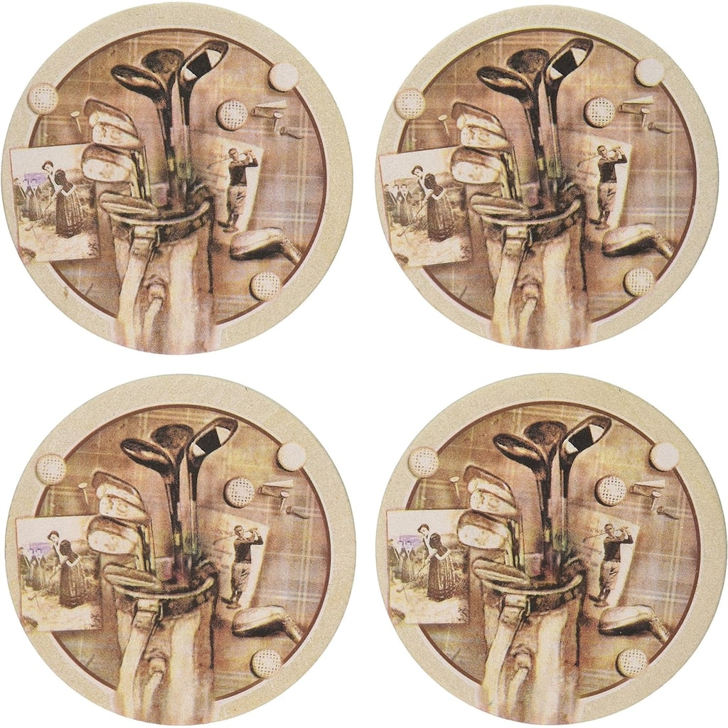 Golf Treasures Natural Sandstone Coaster 4 Pack Eco-Friendly, Absorbent, Easily Wipes Clean