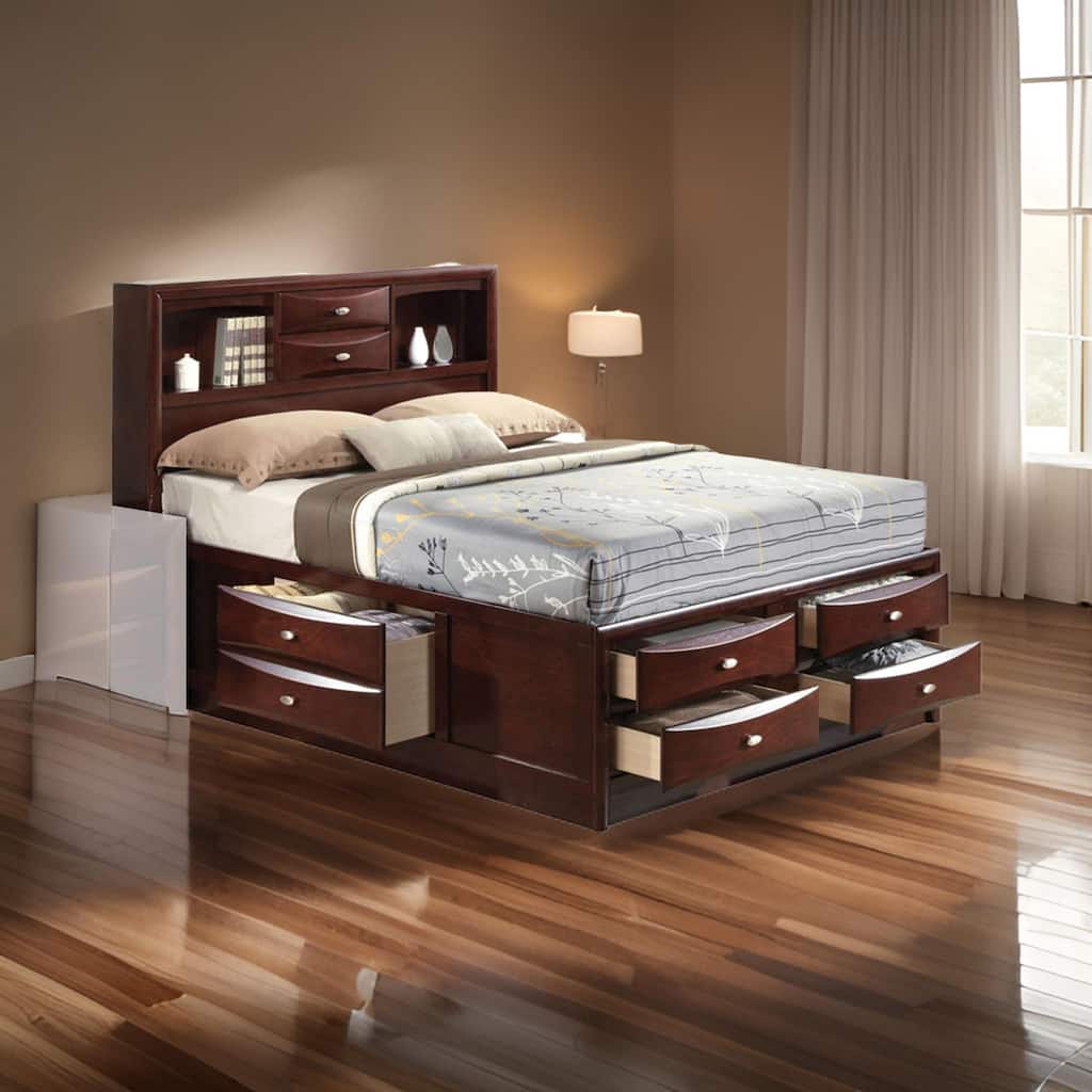 Panel Design Eastern King Size Bed with Bookcase and Drawers, Brown