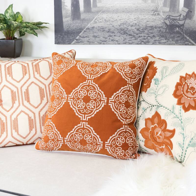 Burnt Orange Damask Embroidered Throw Pillow - Boho Geometric Cushion