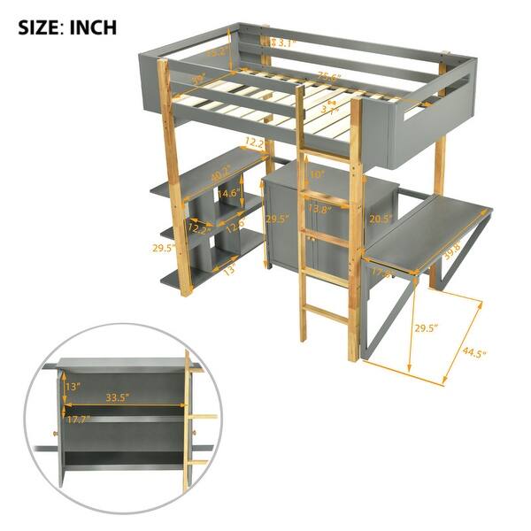 dimension image slide 3 of 4, Modern Twin Size Wooden Loft Bed with Built-in Storage Cabinet and Cubes, Foldable Desk