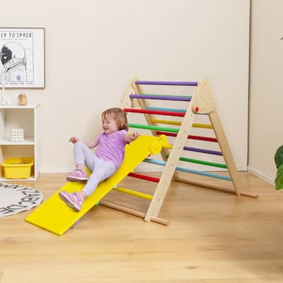 Gymax 3-In-1 Wooden Folding Climber Set w/Reversible Ramp Height
