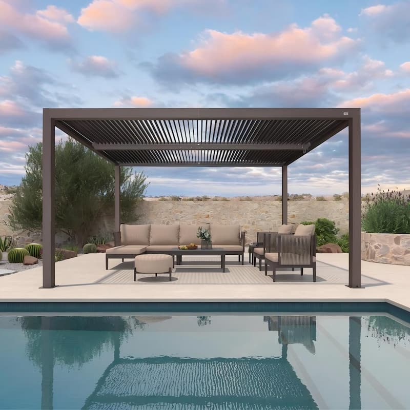 PURPLE LEAF Bronze Louvered Pergola with Adjustable Roof for Deck Backyard Garden Hardtop Gazebo - 12' x 14' - Bronze
