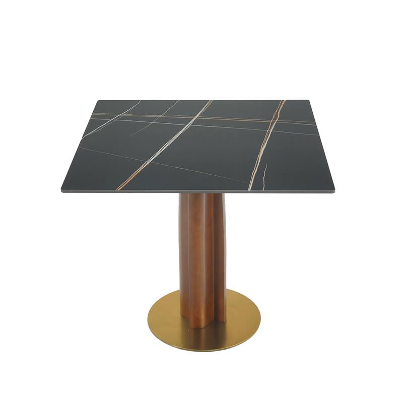 Modern Square Dining Table, 33.5" Sintered Stone Table with Wooden Leg & Gold Base, 2 - Person Kitchen Table for Small Space
