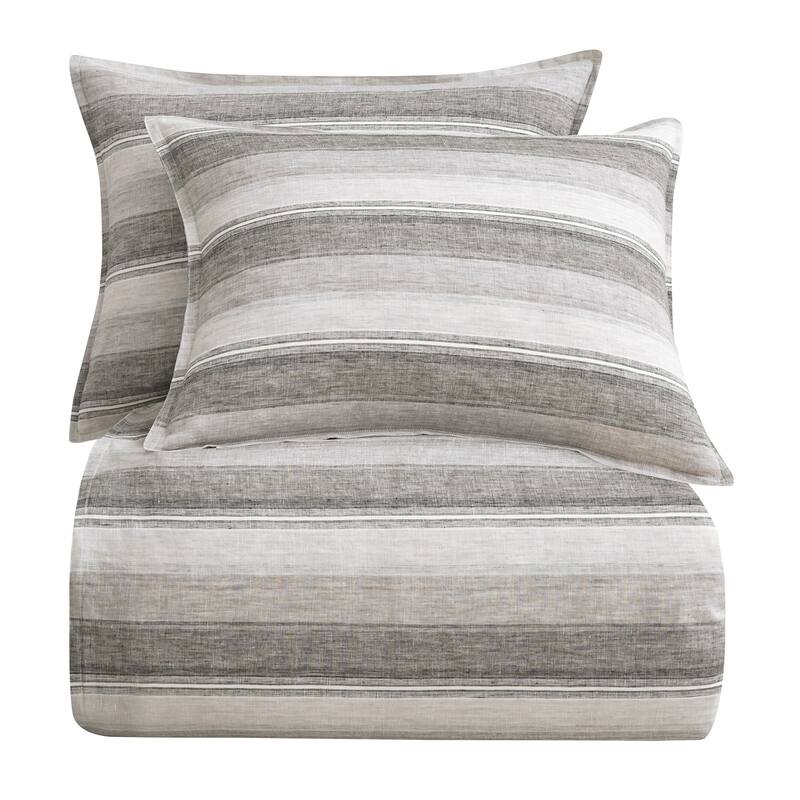 HiEnd Accents 100% French Flax Linen Variegated Stripe Duvet Cover Set, 3PC