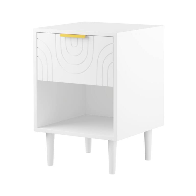 Modern White Nightstand with Gold Handle, 1 Drawer & Open Shelf