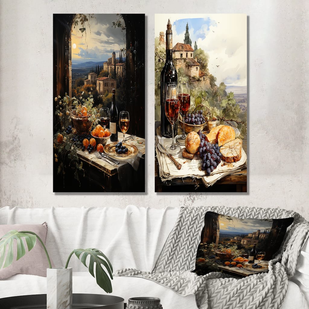 Designart "Italian Wine Savory Journey" Wine Canvas Set Of 2 - Traditional Wall Art Set - Brown Wall Decor 2 Pieces