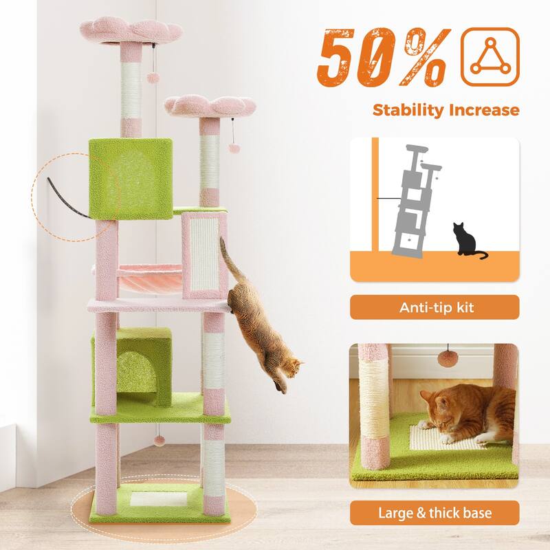 Multi-Level Indoor Large Cat Tree Scratching Post with 2 Perches, 2 Condos, Hammock and 2 Pompoms