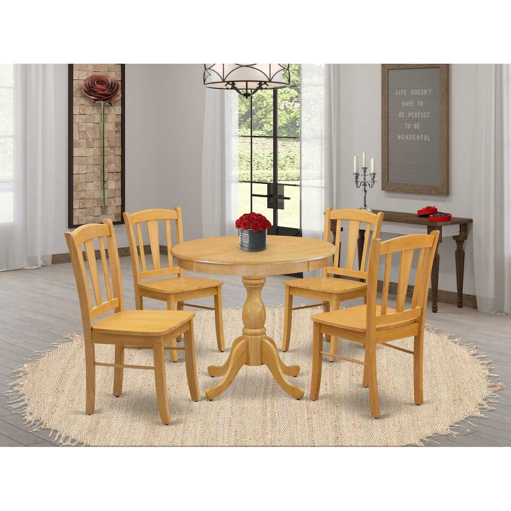 HomeStock 5-Piece Natural Oak Finish Solid Wood Top Dining table with 4 Chairs with Slat Back