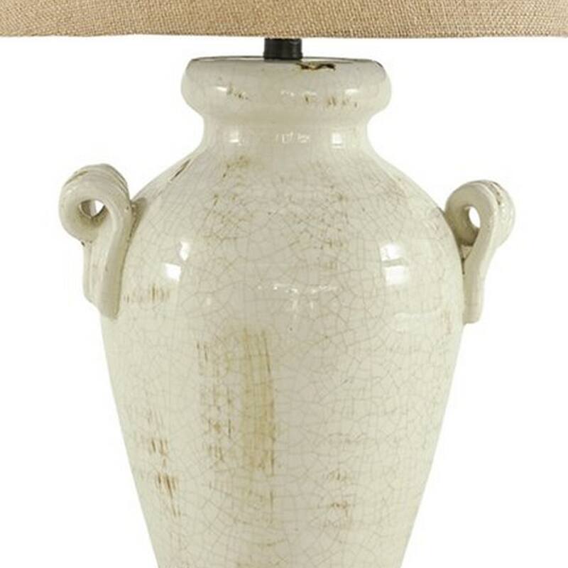 Ceramic Table Lamp with Vase Shaped Body and Fabric Shade, White and Beige